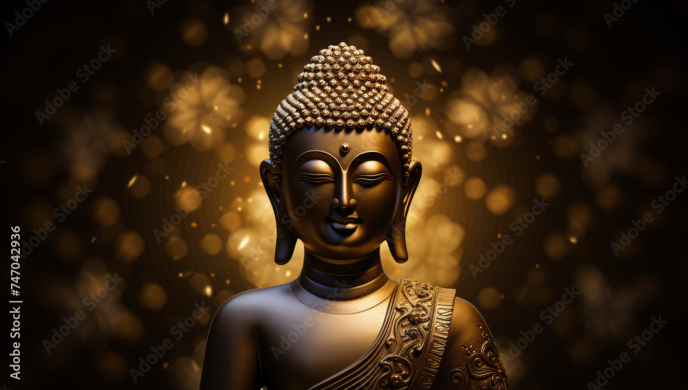 A serene Buddha statue is illuminated with soft, golden bokeh lights.