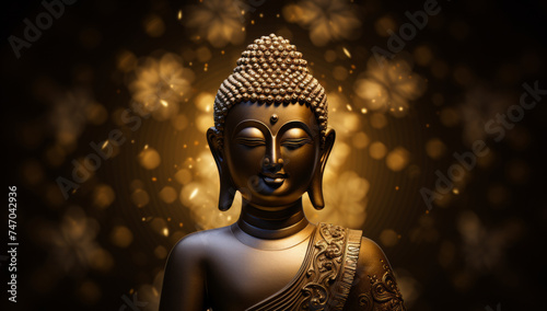 A serene Buddha statue is illuminated with soft, golden bokeh lights.