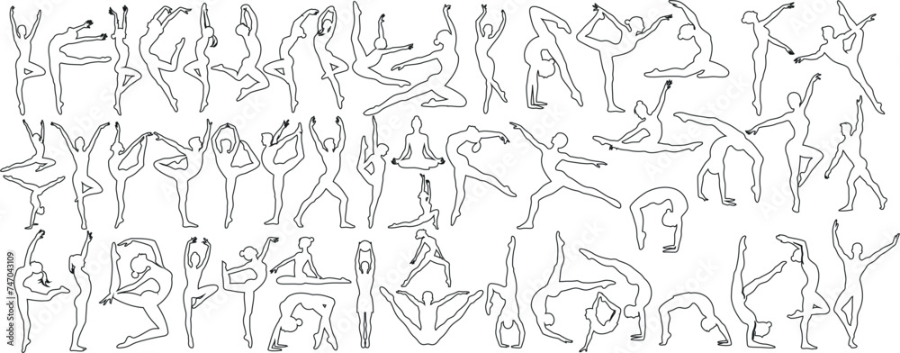 Gymnast line art showcasing dynamic poses of gymnast, flexibility, strength, grace. Ideal for sports illustrations, artistic projects, fitness promotions