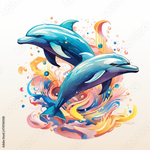 Playful 2D-style dolphins leaping out of the water