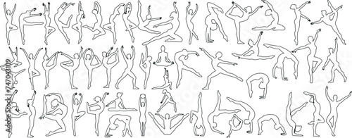 Gymnast line art showcasing dynamic poses of gymnast, flexibility, strength, grace. Ideal for sports illustrations, artistic projects, fitness promotions