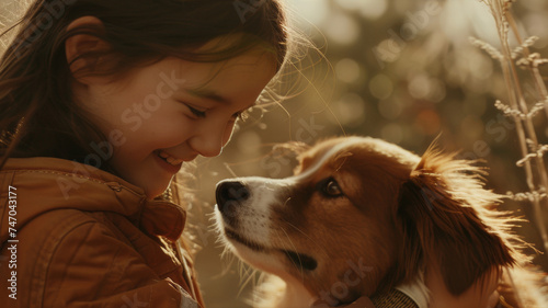 A joyful girl sharing a tender moment with her canine companion amidst golden hour sunlight.