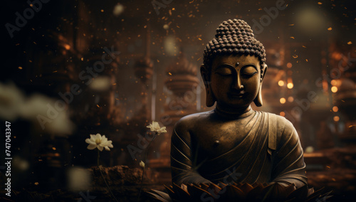 Serene Buddha statue in the soft glow of sunset, inviting reflection amidst the mystical ambiance.
