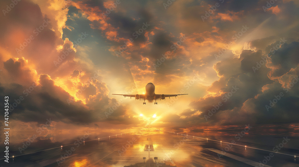 Naklejka premium An airliner soaring through a sunrise scene, portraying a feel of renewal and hope