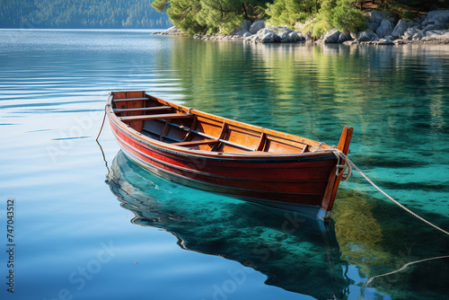 An old wooden boat on the surface of clear water near the shore. Generated by artificial intelligence