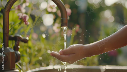Child's hand feeling the flow of fresh water from a garden tap at golden hour.