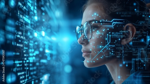 IT woman specialist working with AI algorithms. Digital technology concept. photo