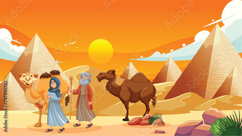 Illustration of people and camels near Egyptian pyramids