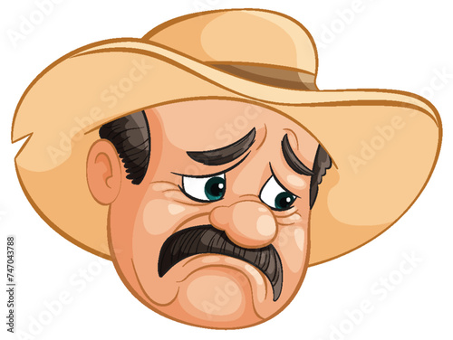 Cartoon of a sad cowboy with a large hat.