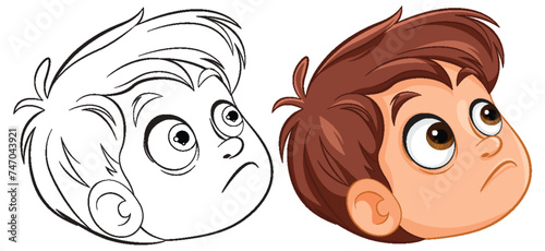 Two cartoon boys looking up with inquisitive expressions.