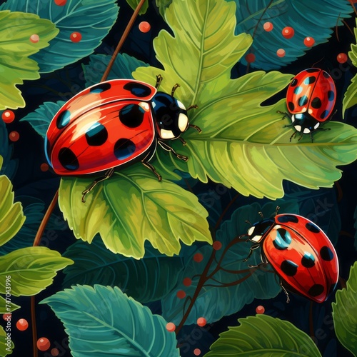 Charming 2D-style ladybugs crawling on leaves
