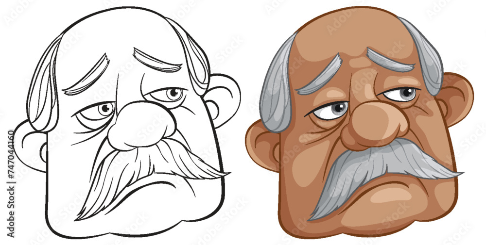 Two stylized illustrations of an elderly man's face.