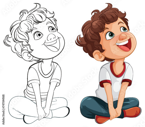Vector illustration of a happy, seated young boy.