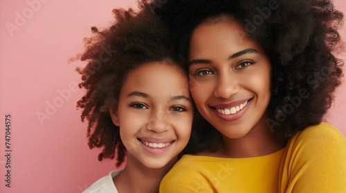 Closeup of a mother and a daughter beautiful preteen African American girl with curly hair hugging her mom  both of them are looking at the camera and smiling. Motherhood bonding together realtionship