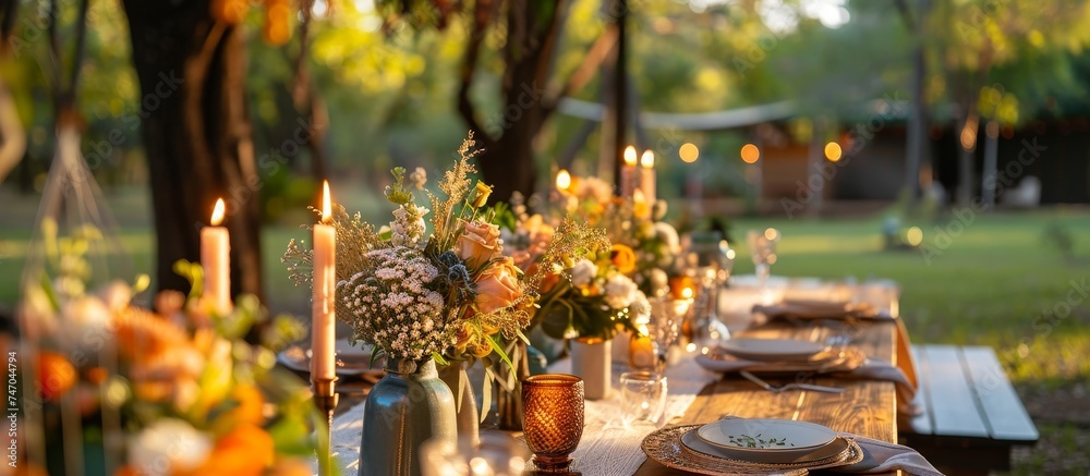 A beautifully set long table adorned with plates, candles, and flowers in elegant flowerpots, creating a natural landscape that adds charm to the setting.