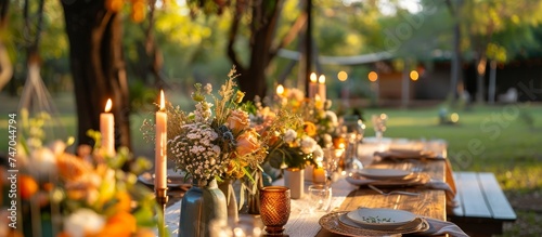 A beautifully set long table adorned with plates, candles, and flowers in elegant flowerpots, creating a natural landscape that adds charm to the setting.