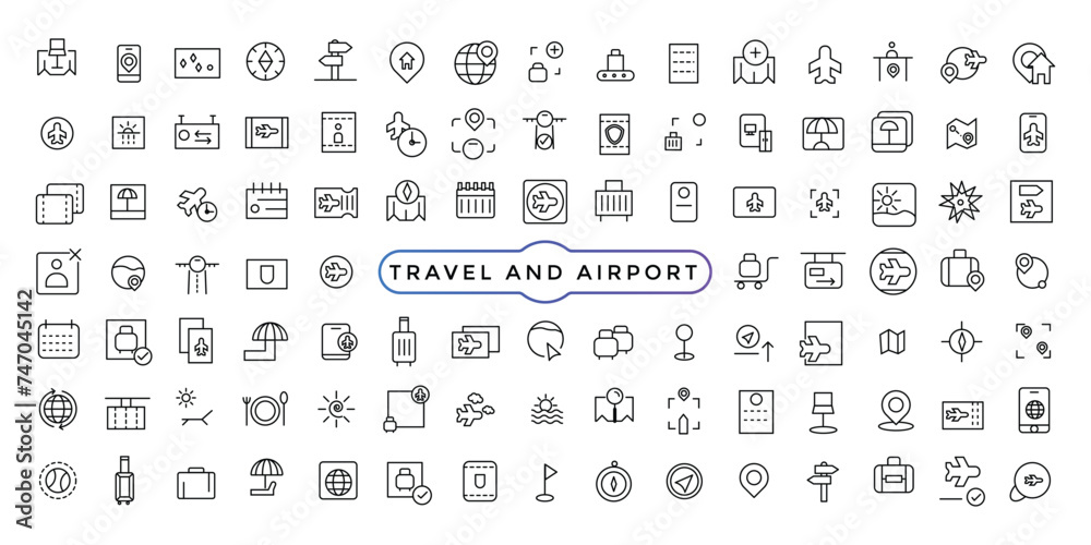 Travel and vacation linear icons collection. Collection of traveling and tourism elements. Vector illustration.
