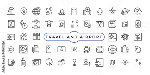 Travel and vacation linear icons collection. Collection of traveling and tourism elements. Vector illustration.