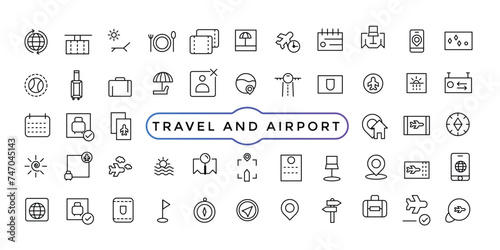 Travel and vacation linear icons collection. Collection of traveling and tourism elements. Vector illustration.