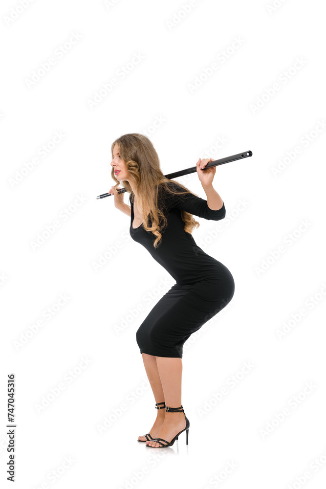 Beautiful young girl wearing elegant evening dress and training with weights, stick or neck free for weights this copy paste can be used to give the image a concept
