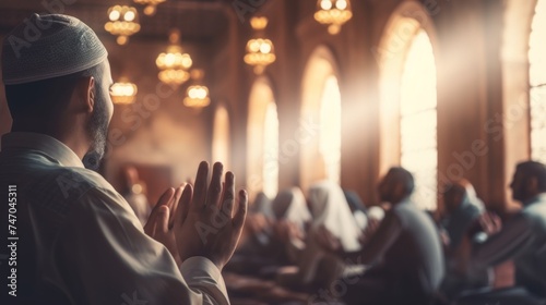 Muslims performing worship and praying for the blessings of Allah in an Islamic mosque during the holy Month of Ramadan.