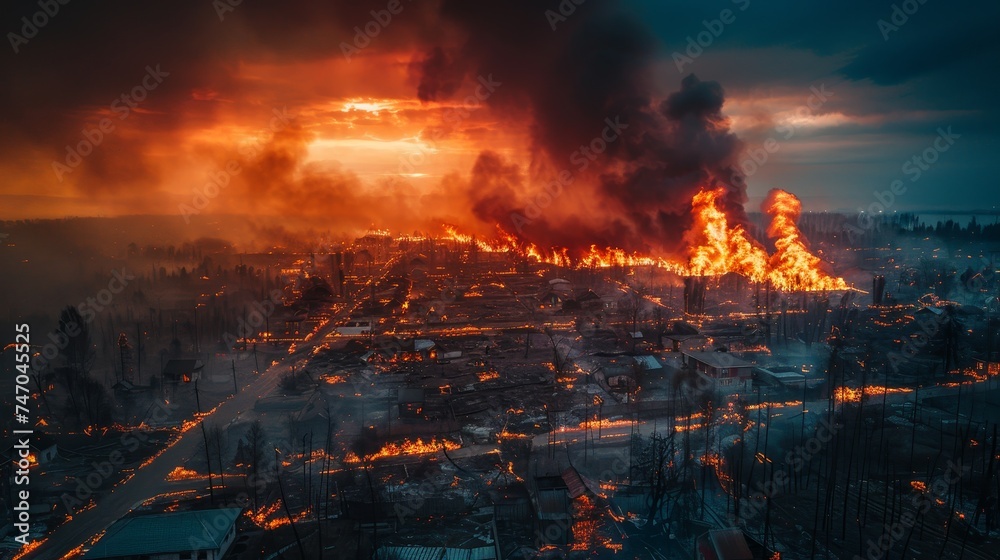 Massive Wildfire Engulfing a Town at Dusk