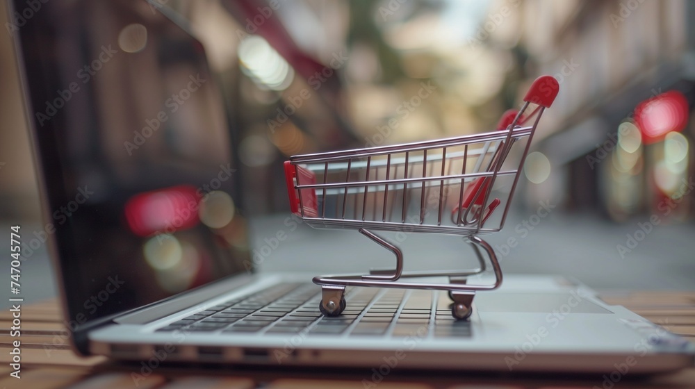 A person using a laptop to browse an online store, adding items to a virtual shopping cart for a convenient e-commerce experience, symbolizing the rise of digital purchases. A person using a laptop to browse an online store, adding items to a virtual shopping cart for a convenient e-commerce experience, symbolizing the rise of digital purchases.