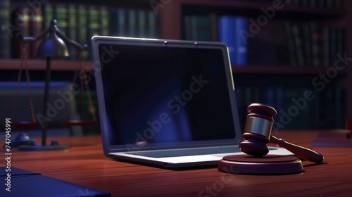An illustration of a virtual court concept, depicting an online court hearing with a judge, lawyers, and participants connecting remotely through video conferencing technology. photo