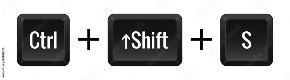 CTRL Shift S Key combination. Keyboard, control, computer, shortcut, laptop, functional, input device, peripheral, enter the text, typing, type, hotkeys, layout, language, qwerty, save. Vector CTRL Shift S Key combination. Keyboard, control, computer, shortcut, laptop, functional, input device, peripheral, enter the text, typing, type, hotkeys, layout, language, qwerty, save. Vector