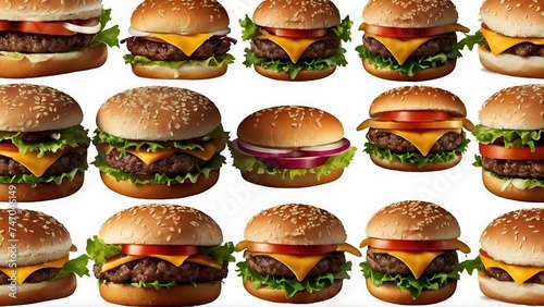 Assorted fast food items including burgers, cheeseburgers, and toppings like lettuce, tomato, cheese, and beef on white background