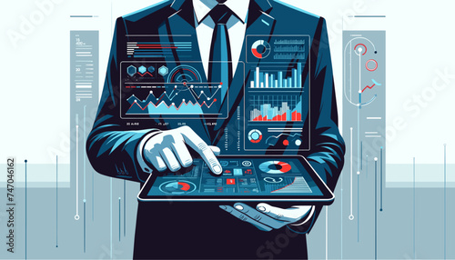 Concept of an image of an elite businessman analyzing digital data on a tablet. Vector illustration.