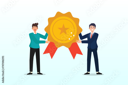 Businessman boss giving golden star badge to winning employee, employee award recognition, success achievement reward or top star performer of the month, best sales champion or certificate (Vector)