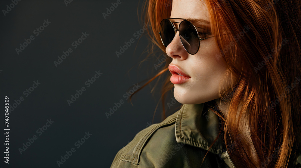 Closeup studio portrait photography of the beautiful young woman with red hair, wearing sunglasses and looking to the side. Pretty and attractive youthful lady model, photogenic female adult person Closeup studio portrait photography of the beautiful young woman with red hair, wearing sunglasses and looking to the side. Pretty and attractive youthful lady model, photogenic female adult person