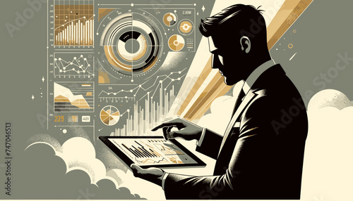 Concept of an image of an elite businessman analyzing digital data on a tablet. Vector illustration.
