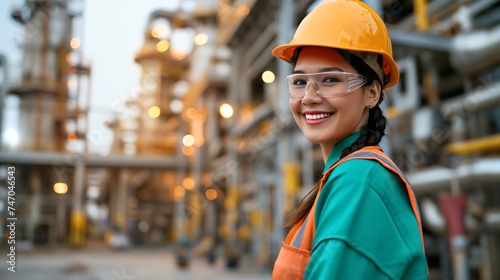 Portrait of the beautiful young engineer woman wearing a helmet and glasses, looking at the camera and smiling, standing outside the industrial factory, facility production job professional supervisor © Nemanja