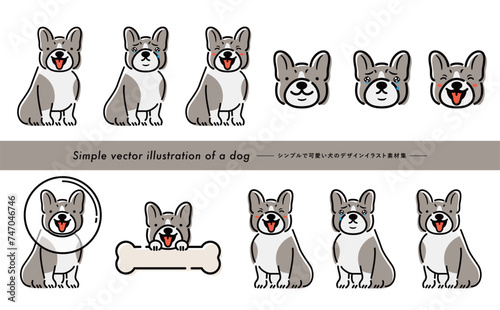挿絵やアイコン使いもできる手書き感のあるフレンチブルドッグのかわいい犬・ペットイラストセット_白バック