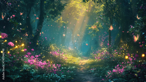 Enchanted forest pathway surrounded by magical flora and fauna. Fantasy setting. photo