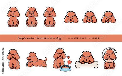 挿絵やアイコン使いもできる手書き感のある茶色いトイプードルのかわいい犬・ペットイラストセット_白バック