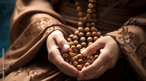Close-up of a woman's hands holding a Muslim rosary. The religion of Islam, Ramadan concepts.