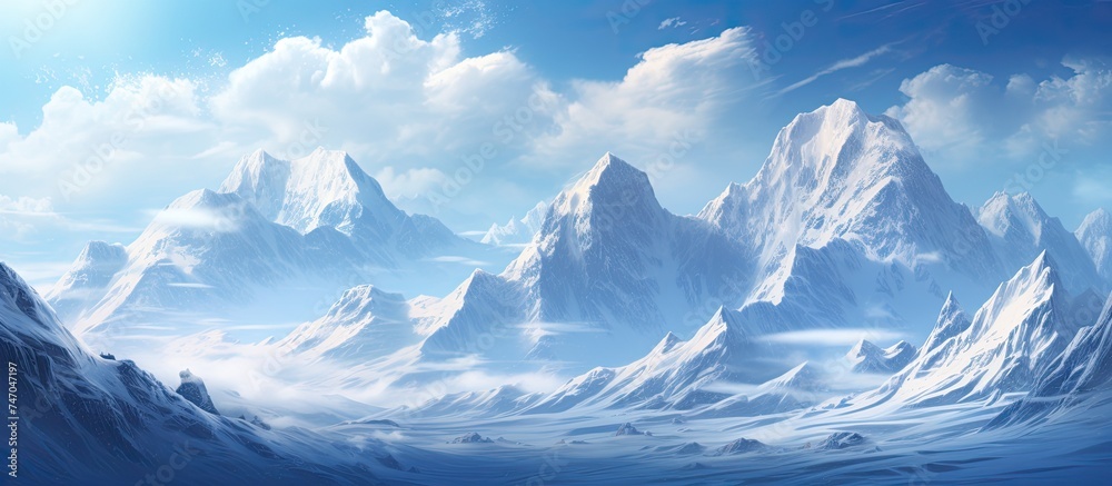 A painting depicting a range of snow-covered mountains under a bright winter sun. The peaks are layered with glistening white snow, contrasting against the clear blue sky.