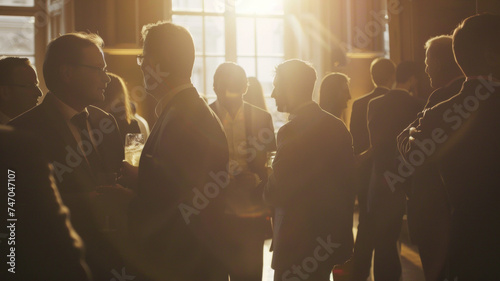 Silhouetted gathering in golden sunlight, the buzz of business networking in progress. photo