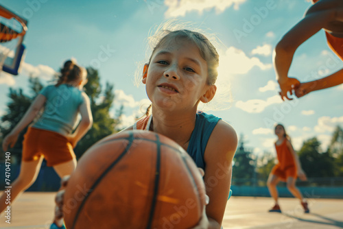 Girl holding basketball with anticipation during a game on an outdoor court. Childhood play and sportsmanship concept. Design for sports flyers, children's event brochures, and outdoor activity promo © Dmitry