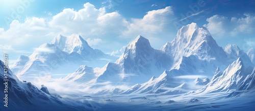 A painting depicting a range of snow-covered mountains under a bright winter sun. The peaks are layered with glistening white snow, contrasting against the clear blue sky. © AkuAku
