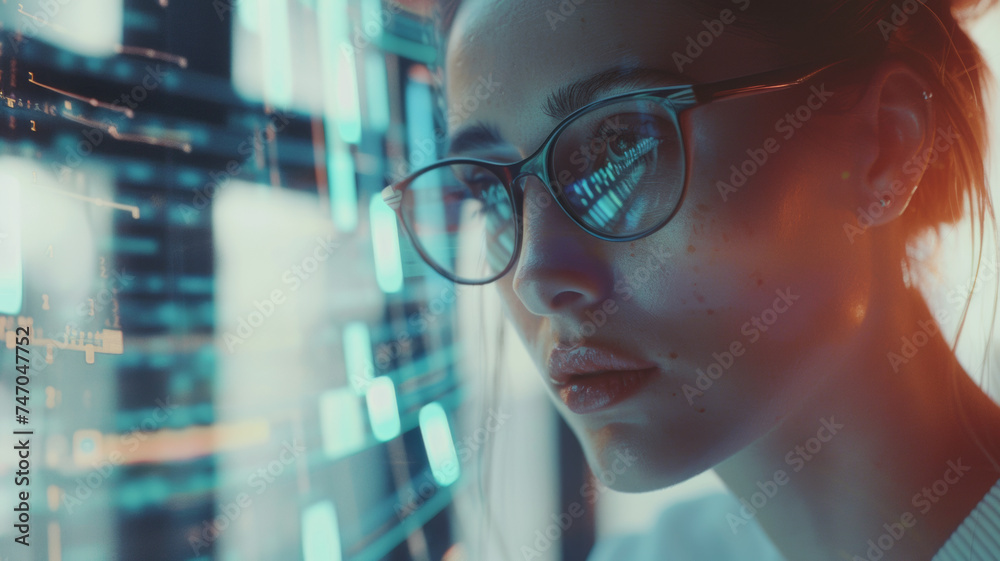 A young woman in glasses focuses intently on futuristic data projections.