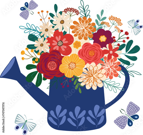 Photography adorable spring wild flowers bouquet in watering can with butterfly Hand-Drawn V