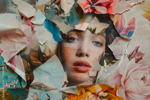 Womans Face Collage Surrounded by Flowers. Generative AI © Lukasz Czajkowski