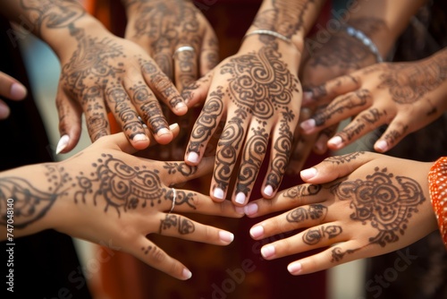 
Intricately designed henna patterns adorning the hands of women in preparation for Eid al-Fitr celebrations, symbolizing beauty and tradition photo
