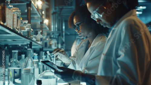 Two scientists concentrated on research in a high-tech laboratory environment.