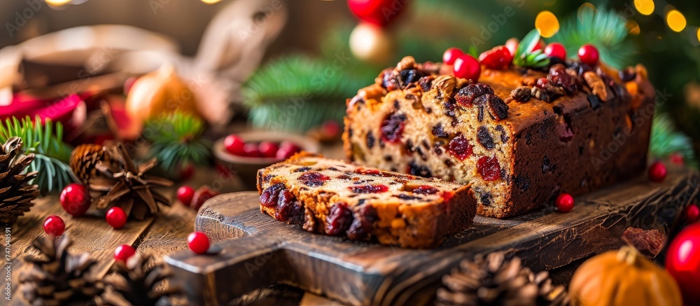 A festive loaf of fruit cake with cranberry and crème toppings for Christmas celebration