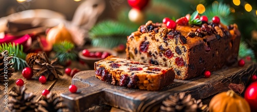 A festive loaf of fruit cake with cranberry and cr  me toppings for Christmas celebration